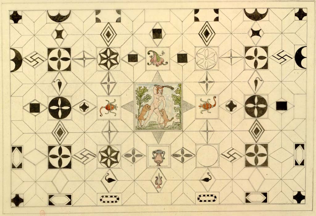 VI.17.25 or VI.17.36, Pompeii. Mosaic floor as drawn by Antoine-Marie Chenavard, c.1817.
See Chenavard, Antoine-Marie (1787-1883) et al. Voyage d'Italie, croquis Tome 3, pl. 102.
INHA Identifiant numérique : NUM MS 703 (3). See Book on INHA 
Document placé sous « Licence Ouverte / Open Licence » Etalab   

