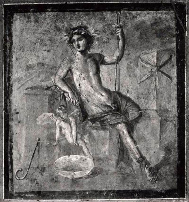 VI.17.25, or VI.17.36, Pompeii. Central part of the long wall of a room with central painting of Phrixus and Helle. 
Photo courtesy of Rick Bauer.
(Note: the painting is attributed to wall at Pompei, Maison des Vestales, which is located at VI.1.7 on the other side of the road). 
