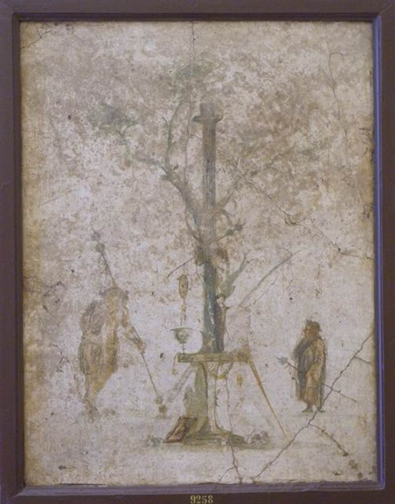 VI.17.41 Pompeii. Found in cubiculum 17 on 17th November 1759. Wall painting of Dionysian rites.
Now in Naples Archaeological Museum. Inventory number 9258.
See Pagano, M. and Prisciandaro, R., 2006. Studio sulle provenienze degli oggetti rinvenuti negli scavi borbonici del regno di Napoli. Naples: Nicola Longobardi. (p.32).
See Helbig, W., 1868. Wandgemlde der vom Vesuv verschtteten Stdte Campaniens. Leipzig: Breitkopf und Hrtel. (572)
See Antichit di Ercolano: Tomo Quarto: Le Pitture 4, 1765, Tav. XVII, p, 85.
