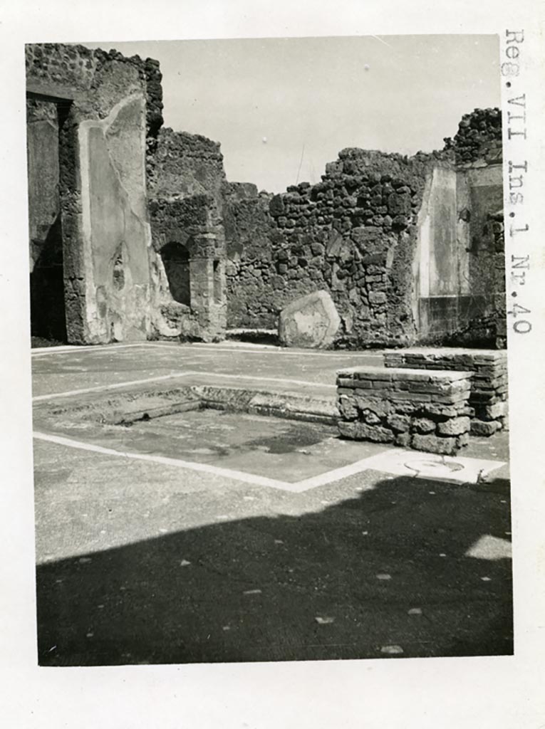 VII.1.40 Pompeii. Pre-1937-39. Looking across impluvium in atrium towards north-east corner.
On the left is the doorway to room 6, in the centre is the doorway to room 8, on the right is room 7.
Photo courtesy of American Academy in Rome, Photographic Archive. Warsher collection no. 1754.

