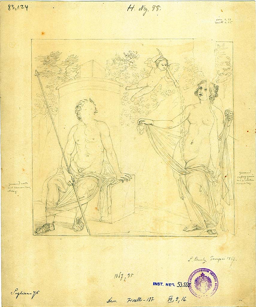 VII.2.16 Pompeii. 1867. Room 3, north wall of oecus, sketch by L. Schulz of painting of Zeus and Danae and the golden rain.
DAIR 83.124. Photo  Deutsches Archologisches Institut, Abteilung Rom, Arkiv. 
