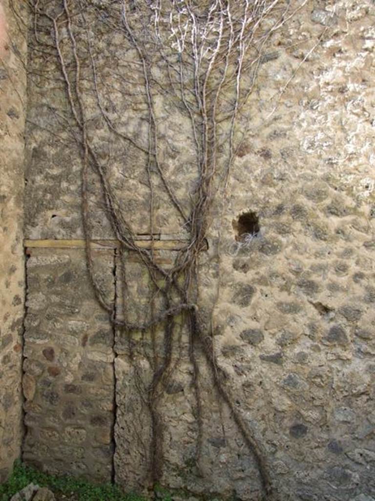 VII.2.18 Pompeii. March 2009. Room 9, west wall of cubiculum or porter’s room.   This includes a blocked door, that used to lead to a small room under the staircase of VII.2.19.
