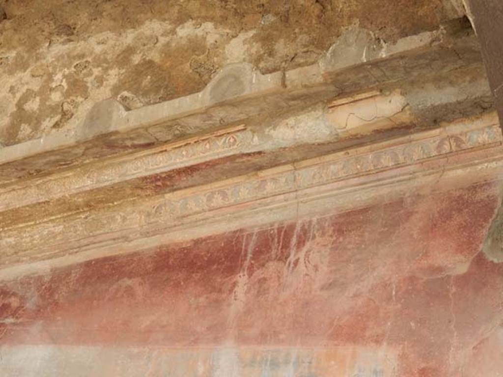 VII.4.48 Pompeii. May 2015. Peristyle, stucco on north end of west wall.  Photo courtesy of Buzz Ferebee.
