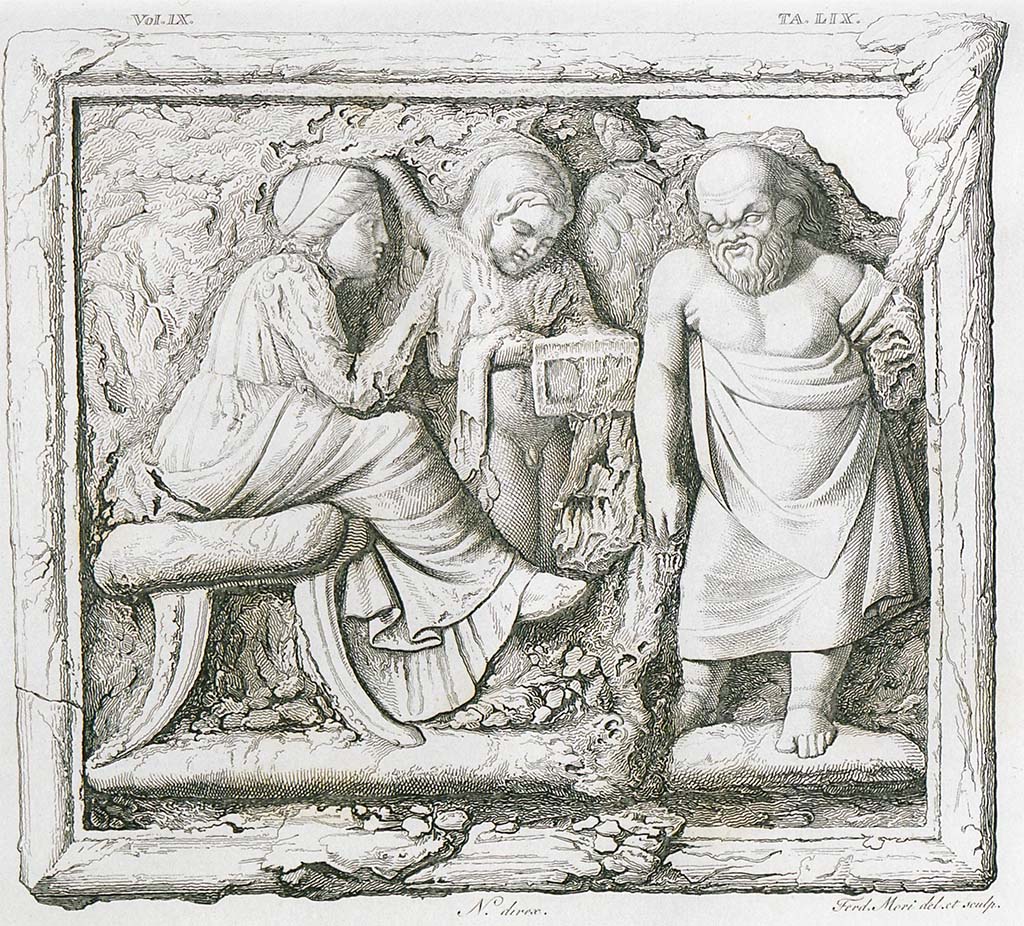 VII.4.57 Pompeii. 1833. Room 7, tablinum. Drawing by F. Mori of bronze plaque chest cladding.
Now in Naples Archaeological Museum. Inventory number 72823.
See Real Museo Borbonico Vol. IX, 1833, Tav. 59.
The bronze plaque worked in relief and applied to the wooden box showed in the centre Socrates, Diotima and Eros. 
See Carratelli, G. P., 1990-2003. Pompei: Pitture e Mosaici. VII. (7). Roma: Istituto della enciclopedia italiana, (p.71)
See Avellino, F. M. Descrizione di una Casa Pompejana Disotterrata in Pompeii nell’anno 1831, 1832, 1833 la terza alle spalle del tempio della Fortuna Augusta. Naples, 1837, Tav. VI, p. 53.

