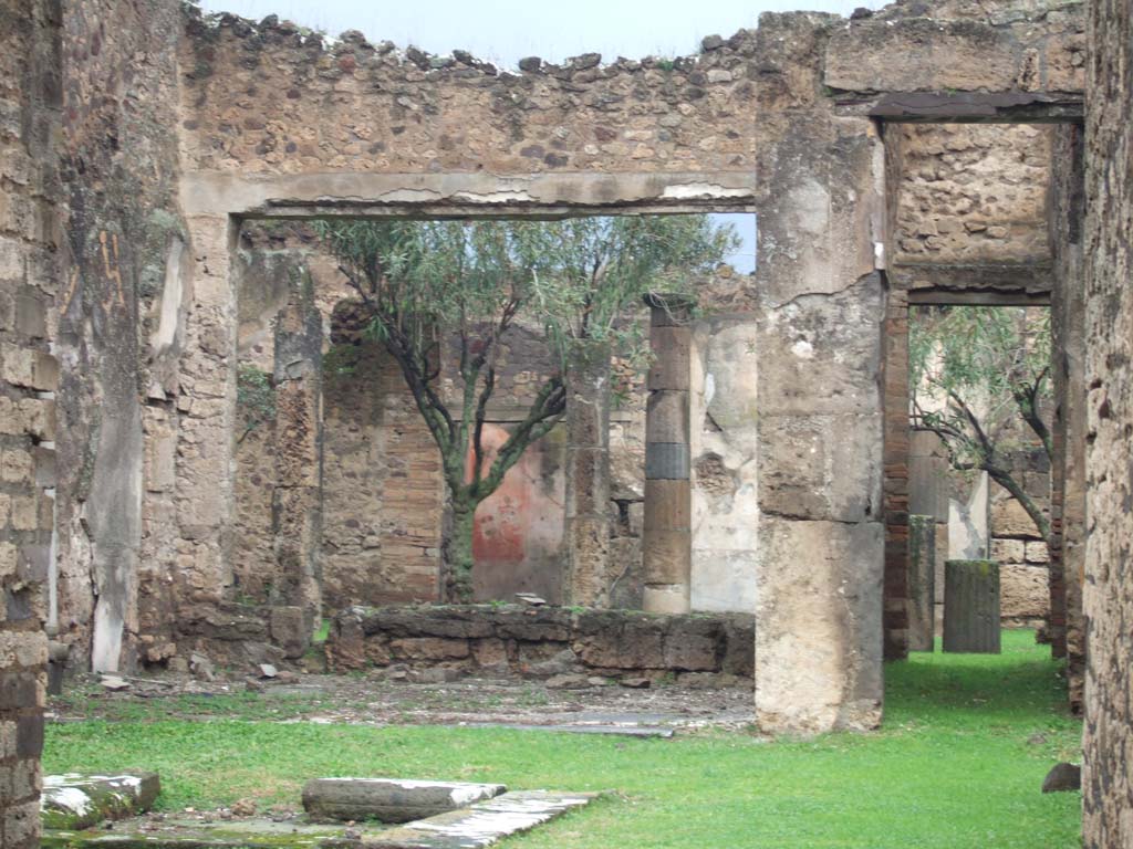 VII.7.2 Pompeii. December 2005. Looking north-west across impluvium “g” in atrium towards tablinum “k” and peristyle “x”.
According to Boyce, near the west end of the open court of the peristyle stood a masonry altar.
It was coated with white stucco, decorated with painted red and yellow flowers.
See Boyce G. K., 1937. Corpus of the Lararia of Pompeii. Rome: MAAR 14. (p/68, no.295 and Pl.39,1) 
According to Jashemski, the peristyle garden at the rear of the tablinum was enclosed by a portico on the east, and most of the north and south sides.
It was supported on both the north and south sides by three columns and one engaged column.
An altar, decorated with crudely painted flowers, stood in the north-west part of the garden.
16 terracotta lamps were found in the portico.
The windowed tablinum, the oecus on the south, and the exedra on the north, had views into the garden.
The adjoining house, through a wide window in its large triclinium, also had a fine view into this garden.
See Jashemski, W. F., 1993. The Gardens of Pompeii, Volume II: Appendices. New York: Caratzas. (p.186 and fig 218, peristyle with painted altar).
