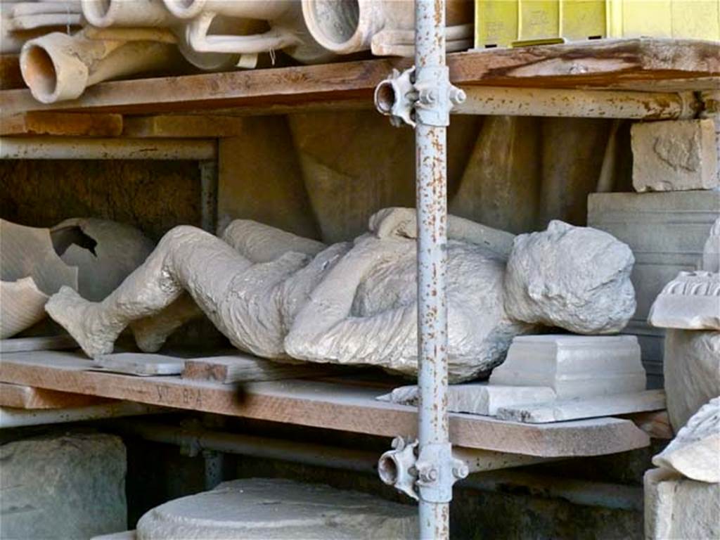 VII.7.29 Pompeii. May 2011. Plaster cast of body. Photo courtesy of Michael Binns.
This man was found in 1889 just outside the Stabian Gate. He was described as lying on his back, wrapped in a cloak, and with his hands held as if protecting his chest. His legs were slightly bent.
