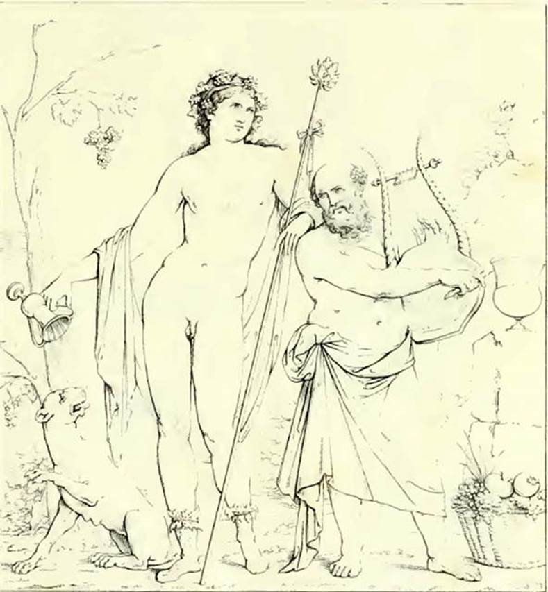 VII.7.30/32 Pompeii. 1852 drawing by Gell of the painting of Bacchus and Silenus. Small room at the rear of the temple.
According to Kuivalainen: There are four 19th century versions of this painting, with only minor differences between them. The basic composition is with two persons. An almost naked youth with a cloak around his arms and wearing boots stands in the middle, leaning on the shoulder of Silenus, who plays the lyre; the youth pours wine from a cantharus in his right hand. In the foreground, on the left, sits a panther with left foreleg raised (in
three versions, interpreted as a winged cupid in one) drinking the wine. In the background, a landscape with rocks and a vine, on the right side a basket full of fruit and a crater on a short pillar. 
Gell claims that the painting "had been anciently removed from another situation" and neatly fastened.
The drawing published by Gell is not as precise as the one by Bechi.
See Kuivalainen, I., 2021. The Portrayal of Pompeian Bacchus. Commentationes Humanarum Litterarum 140. Helsinki: Finnish Society of Sciences and Letters, p. 168.
