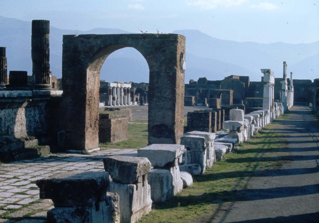 VII.8 Pompeii Forum. 1944 photograph. Looking north along the west side towards the Temple of Jupiter. Photo courtesy of Rick Bauer.
