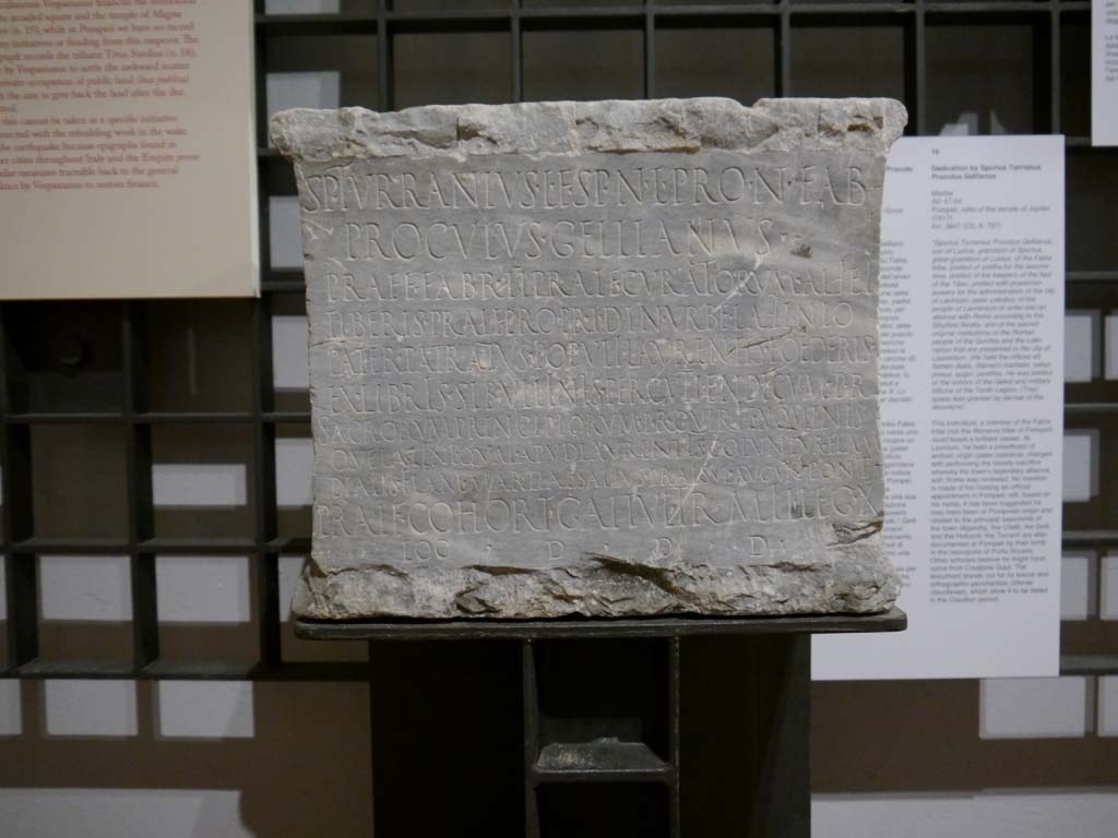 VII.8.1 Pompeii. March 2019. Information card.
Foto Anne Kleineberg, ERC Grant 681269 DÉCOR.

Dedication by Spurius Turrianus Proculus Gellianus
Marble
AD 47-54
Pompeii, cella of the temple of Jupiter
(1817)
Inv. 3847 (CIL X, 797)
"Spurius Turranius Proculus Gellianus, son of Lucius, grandson of Spurius, great-grandson of Lucius, of the Fabia tribe, prefect of smiths for the second time, prefect of the keepers of the bed of the Tiber, prefect with praetorian powers for the administration of the city of Lavinium, pater patratus of the people of Laurentum to enter into an alliance with Rome according to the Sibylline Books, and of the sacred original institutions of the Roman people of the Quirites and the Latin nation that are preserved in the city of Laurentum. (He held the offices of) flamen dialis, (flamen) martialis, salius presul, augur, pontifex. He was prefect of the cohors of the Getuli and military tribune of the Tenth Legion. (This) space was granted by decree of the decurions".

This individual, a member of the Fabia tribe (not the Menenia tribe of Pompeii) could boast a brilliant career. 
At Lavinium, he held a priesthood of archaic origin (pater patratus), charged with performing the bloody sacrifice whereby the town's legendary alliance with Rome was renewed. 
No mention is made of his holding an official appointment in Pompeii; still, based on his name, it has been suggested he may have been of Pompeian origin and related to the principal exponents of the town oligarchy, the Clodii, the Gelli and the Holconii; the Turranii are also documented at Pompeii by their tomb in the necropolis of Porta Nocera.
Other scholars believe he might have come from Cisalpine Gaul. 
The document stands out for its lexical and orthographic peculiarities (litterae claudianae), which allow it to be dated in the Claudian period.
