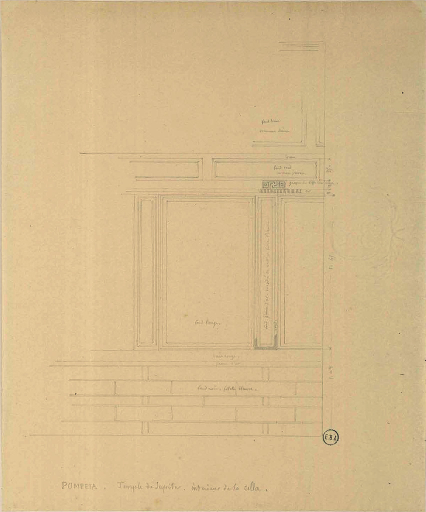 VII.8.1 Pompeii. 19th century sketch by Jean-Baptiste Ciceron Lesueur of cella wall decoration.
See Lesueur, Jean-Baptiste Ciceron. Voyage en Italie de Jean-Baptiste Ciceron Lesueur (1794-1883), pl. 23.
See Book on INHA reference INHA NUM PC 15469 (04)  « Licence Ouverte / Open Licence » Etalab
