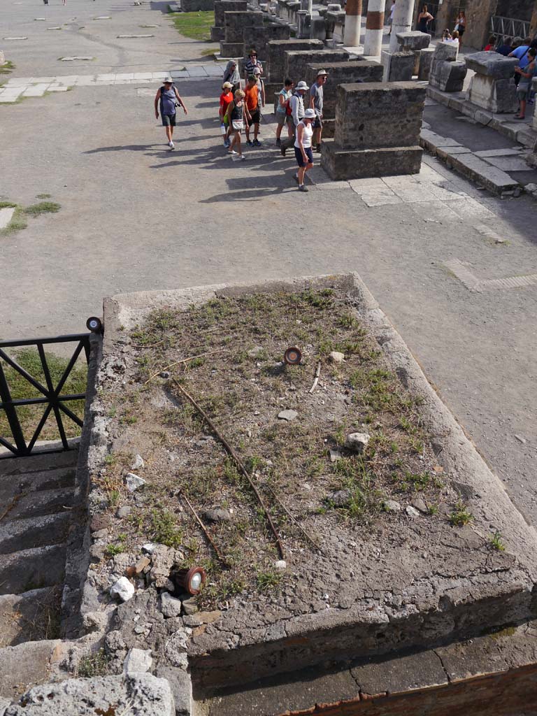 VII.8.1 Pompeii. Temple of Jupiter. June 2019. Looking north to steps on west side, leading up the podium. 
Photo courtesy of Buzz Ferebee. 

