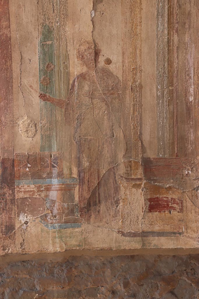 VII.9.7/8 Pompeii. July 2017. Painting of boats from south side of panel with female figure on west wall.
Foto Annette Haug, ERC Grant 681269 DÉCOR.
