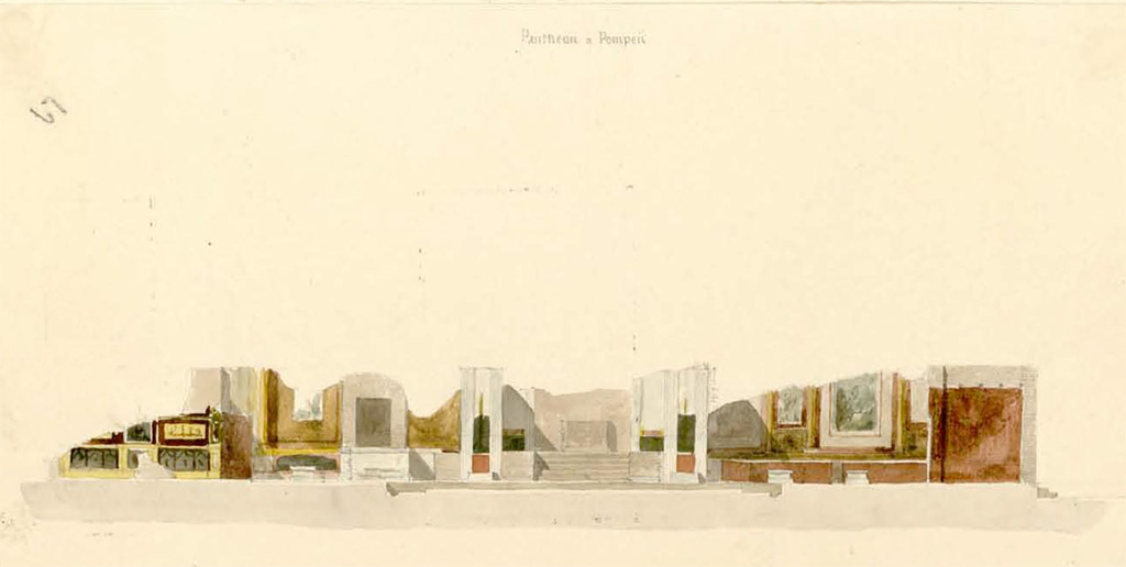 VII.9.7 and VII.9.8 Pompeii. 1826. Watercolour sketch by Pierre-Achille Poirot, looking towards east side of Macellum.
See Poirot, P. A., 1826. Carnets de dessins de Pierre-Achille Poirot. Tome 2 : Pompeia, pl. 62.
See Book on INHA  Document placé sous « Licence Ouverte / Open Licence » Etalab 

