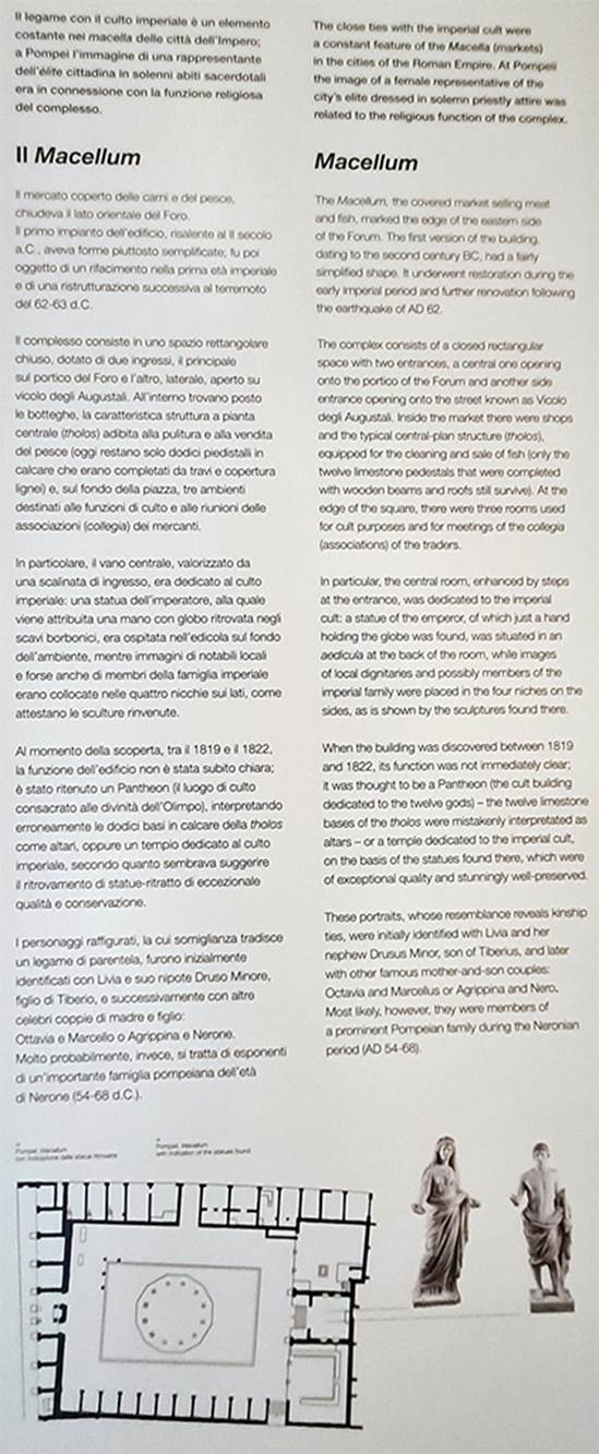 VII.9.7 and VII.9.8 Pompeii. April 2023. 
Descriptive card from Naples Archaeological Museum. Photo courtesy of Giuseppe Ciaramella.
“In particular, the central room, enhanced by steps at the entrance, was dedicated to the imperial cult: a statue of the emperor, of which just a hand holding a globe was found, was situated in an aedicula at the back of the room, while images of local dignitaries and possibly members of the imperial family were placed in the four niches on the sides, as is shown by the sculptures found there.”

