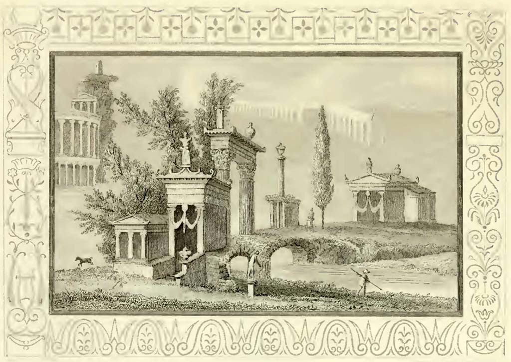 VII.9.47 Pompeii. Drawing by William Gell, according to Gell, this was to be seen on the west wall of atrium.
See Gell, W, 1832. Pompeiana: Vol 1. London: Jennings and Chaplin, (pl. VI, opposite p. 8).
