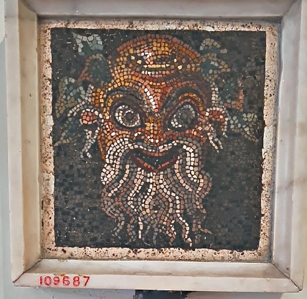 Mosaic mask found at VII.13.23 on 17th November 1821. 
Now in Naples Archaeological Museum. Inventory number 109687. 
According to the information card –
Theatrical mask.
Fragment of a mosaic pavement in opus vermiculatum made from polychrome tesserae on a black background, depicting a comic mask, a Papposilenus (an elderly Silenus) wearing an ivy wreath. (Early Ist century BC.)
(Maschera teatrale.
Frammento di mosaico pavimentale in opus vermiculatum di tessere policrome su fondo nero, raffigurante una maschera di commedia, un Papposileno coronato di edera. Inizi del I secolo a.C.)
Photo courtesy of Giuseppe Ciaramella. September 2024.

