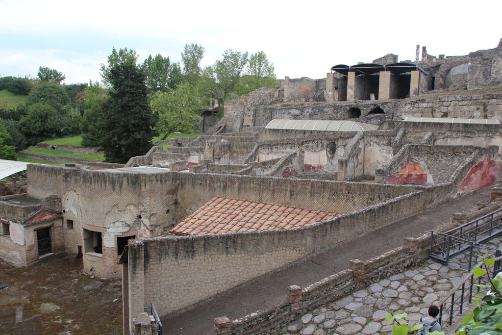 VII.16.a Pompeii. April 2014. 
Looking north-east from entrance to Baths, lower left, along portico on roadway leading to Porta Marina. Photo courtesy of Klaus Heese.

