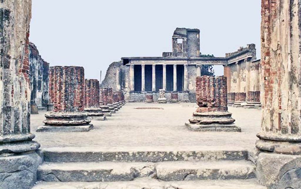 VIII.1 Pompeii. October 2001. Basilica, looking west towards southern central entrance steps. Photo courtesy of Peters Woods.
