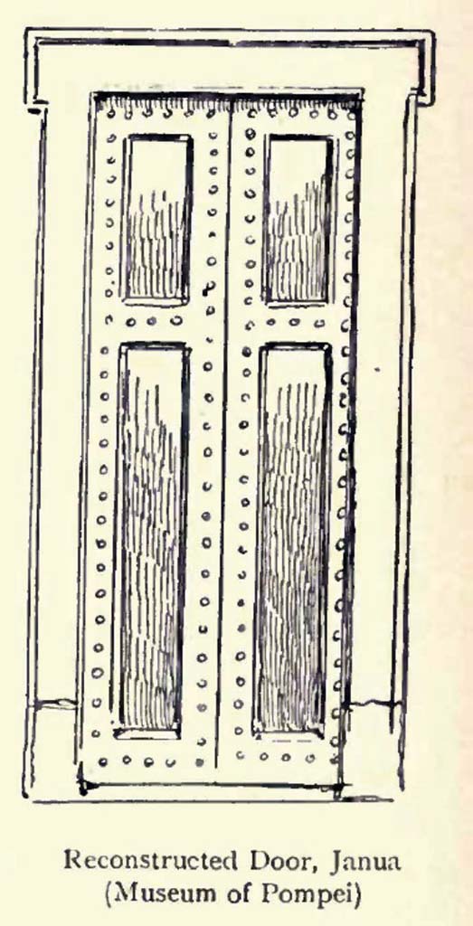 VIII.1.4 Pompeii Antiquarium. Drawing by Gusman of reconstructed door.
See Gusman P., 1900. Pompeii: The City, Its Life & Art. London: Heinemann, p. 254.