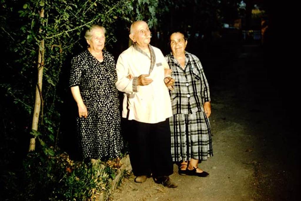 Matteo Della Corte and Mrs. Tatiana Warscher (on right) in the Della Corte’s garden, 1957, photographed by Stanley A. Jashemski. 
Source: The Wilhelmina and Stanley A. Jashemski archive in the University of Maryland Library, Special Collections (See collection page) and made available under the Creative Commons Attribution-Non Commercial License v.4. See Licence and use details. J57f0421
