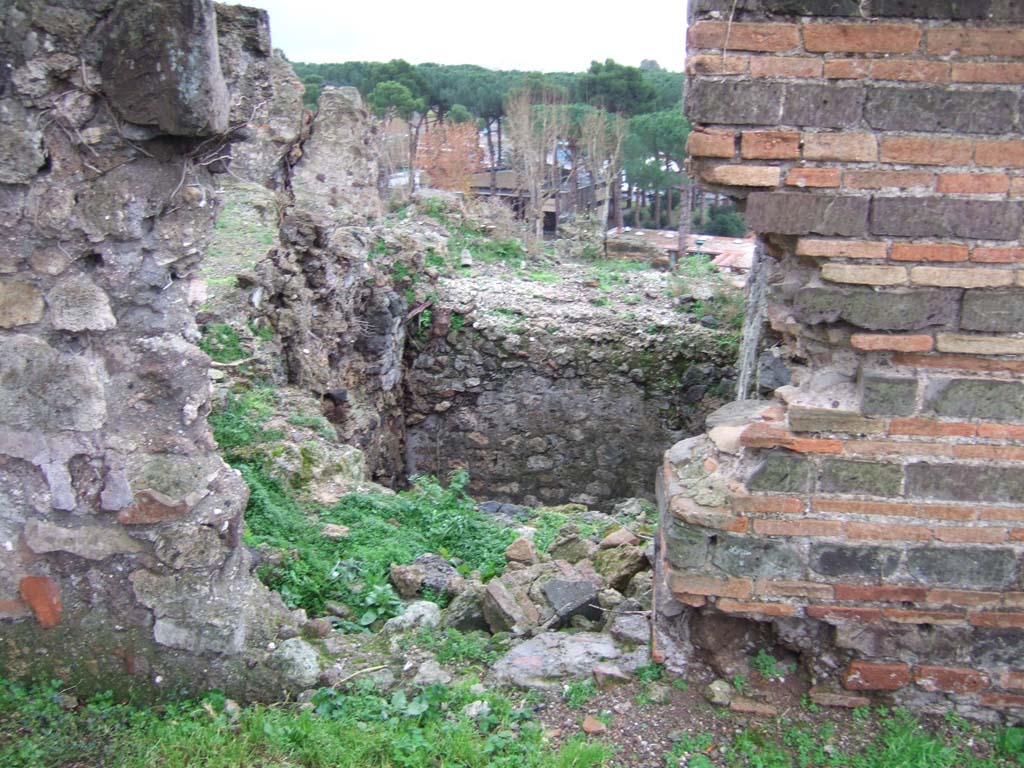 VIII.2.3 and VIII.2.16 Pompeii. December 2005. 
Looking through doorway of collapsed side room in south-east side of peristyle/garden, with rooms below belonging to VIII.2.16 (?).
According to PPM – VIII.2.14-16 (p.74 and 75) – regarding rooms on lower levels -
“……and those (rooms) on the west side belonged in reality to the house at nos. 3-5.”
And -
“On the lower level, and reachable by stairs towards the west, were rooms 10-13, which had mosaic flooring and remains of paintings of mediocre quality.
The rooms (14-22), about 3m higher than the rooms 10-13, were probably reachable from the house at no. 3, even if built in the same building phase”.
See Carratelli, G. P., 1990-2003. Pompei: Pitture e Mosaici. VIII. (8). Roma: Istituto della enciclopedia italiana, (p. 74 and 75). 