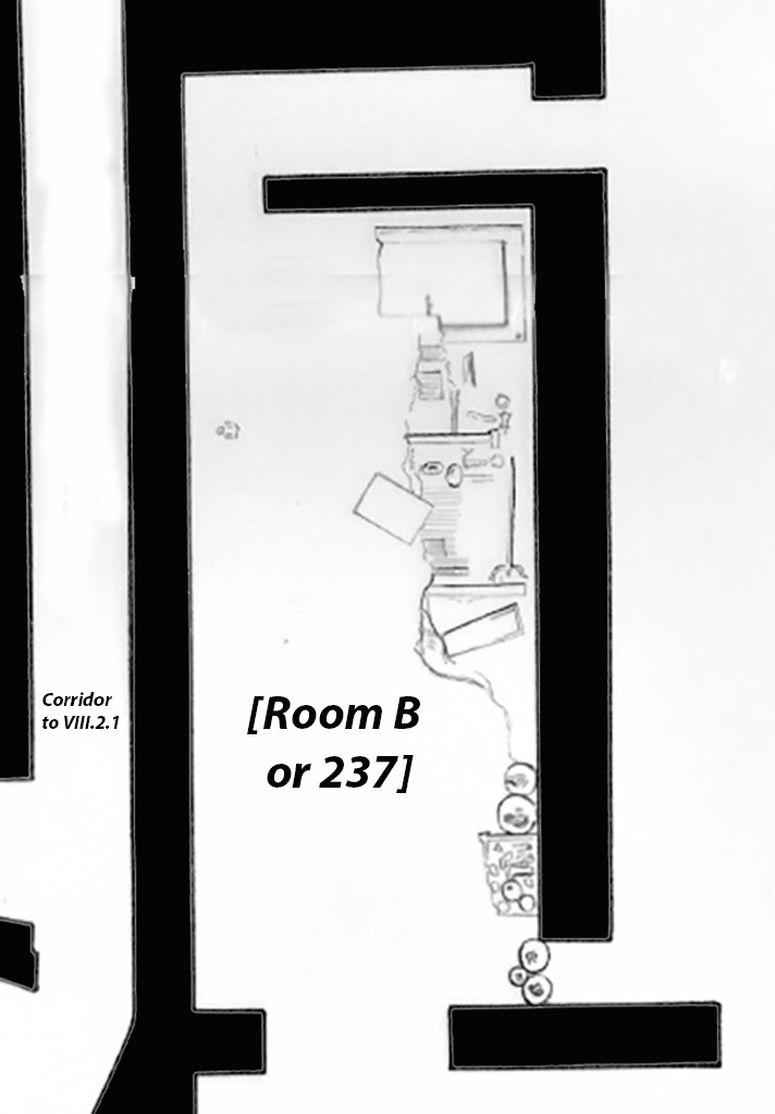 VIII.2.3 and VIII.2.16 Pompeii. December 2005. 
On the left, site of two lower rooms beneath oecus of VIII.2.3.
In the centre a vaulted triclinium belonging to VIII.2.16, lower level, with remains of painted decoration, below room of VIII.2.3 on south-west side.
According to PPM –
“East wall. At the extreme right of the wall was a doorway which had been closed before the making of the plaster painted in the III style.
The zoccolo was white. In the red middle zone, an elegant aedicula was outlined that also continued into the frieze, below this was a painting. 
(PPM thought it was a painting in which a scene set in a landscape could be recognised.)
The epistyle had a frieze with lotus buds, badly taken up in the restoration that could not repeat its peculiarities, and an acroterial swan.
The side panels were red.
The red middle zone of the wall was separated by a white band from the upper zone of the same colour, in which were found, light white architectures with palmettes and acroterial swirls/circles and, in the area above the door a golden medallion (?).  A stucco cornice marks the start of the white vault.”
See Carratelli, G. P., 1990-2003. Pompei: Pitture e Mosaici. VIII. (8). Roma: Istituto della enciclopedia italiana, (p. 93, No.35, 36 and 37, VIII.2.16).




