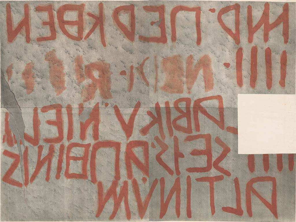 VIII.3.2 Pompeii. 1854. Oscan inscription published in 1854 by Fiorelli.
See Fiorelli G., 1854. Monumenta Epigraphica Pompeiana. Pars Prima Inscriptionum Oscarum Apographa. Neapoli: Nobile, p. 11, n. IX.
Note: The small blank square on the right is missing on the original Tav. IX and is also missing on Fiorelli's transcription on page 11.