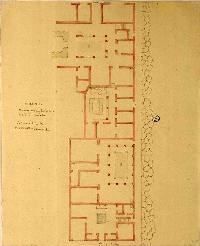 VIII.3.15 Pompeii. Entrance doorway in Vicolo della Regina, in the centre on the right.
See Lesueur, Jean-Baptiste Ciceron. Voyage en Italie de Jean-Baptiste Ciceron Lesueur (1794-1883), pl. 7.
See Book on INHA reference INHA NUM PC 15469 (04)   Licence Ouverte / Open Licence  Etalab
