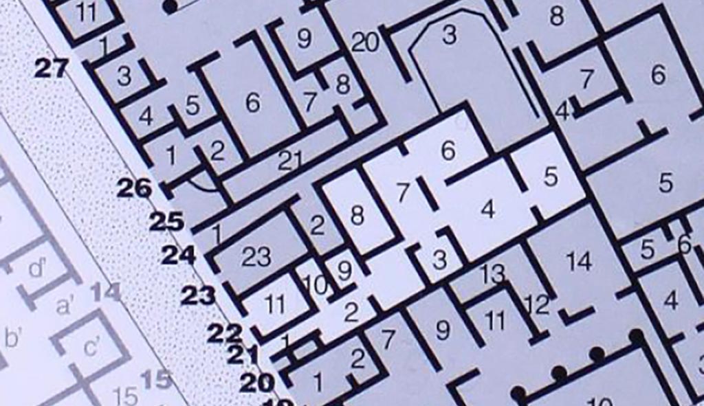 VIII.3.21 Pompeii. Plan of ground floor.
See Carratelli, G. P., 1990-2003. Pompei: Pitture e Mosaici: Vol. VIII. Roma: Istituto della enciclopedia italiana, p. 414.
