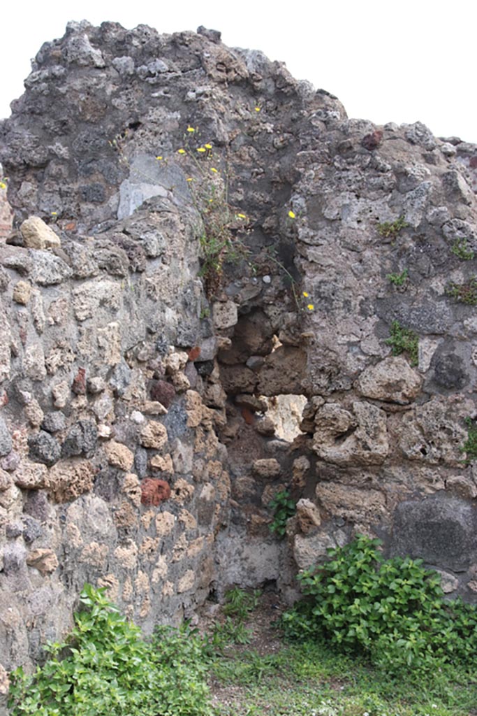 VIII.3.29 Pompeii. May 2024. 
Detail of site of drainpipe in north-east corner of shop-room. Photo courtesy of Klaus Heese.

