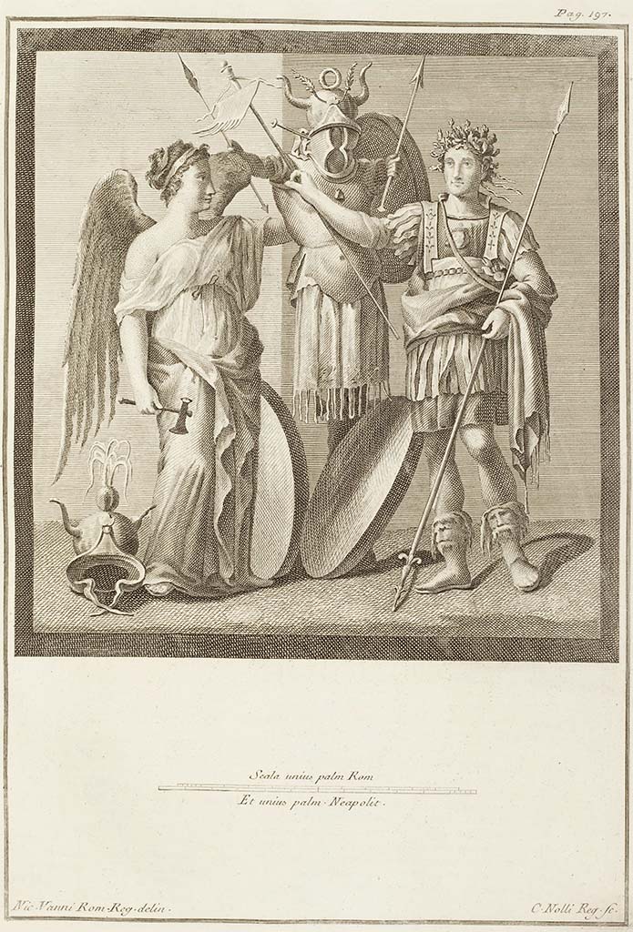 Villa San Marco, Stabiae? Room 8. Vittoria, tropaion and victorious warrior.
See Antichità di Ercolano: Tomo Terzo: Le Pitture 3, 1762, tav. 39, p. 197.
See Pagano, M. and Prisciandaro, R., 2006. Studio sulle provenienze degli oggetti rinvenuti negli scavi borbonici del regno di Napoli. Naples: Nicola Longobardi, p. 240, Footnote 26: Ade iii, 39,197.
