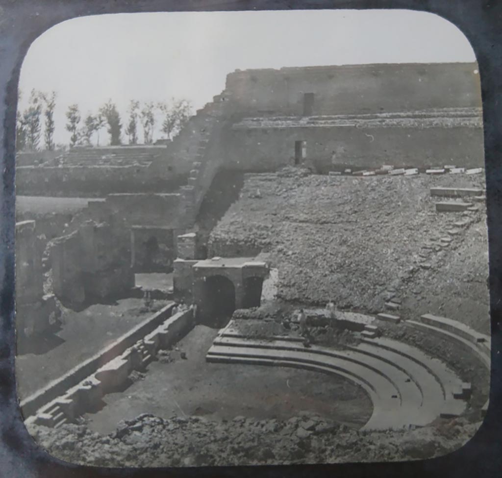 VIII.7.21 Pompeii. c.1900. C. and G. Lantern slide published by A. Laverne. Looking west across Large Theatre.   