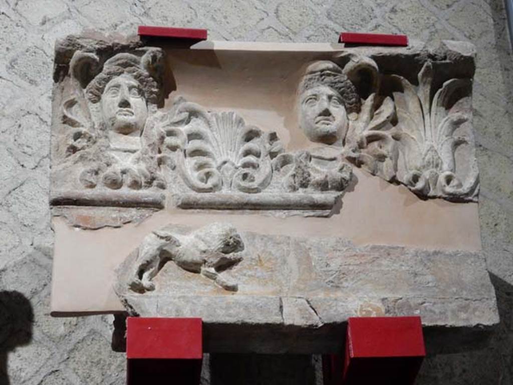 VIII.7.31 Pompeii, May 2018. Architectural antefix of the head of Minerva. Photo courtesy of Buzz Ferebee.