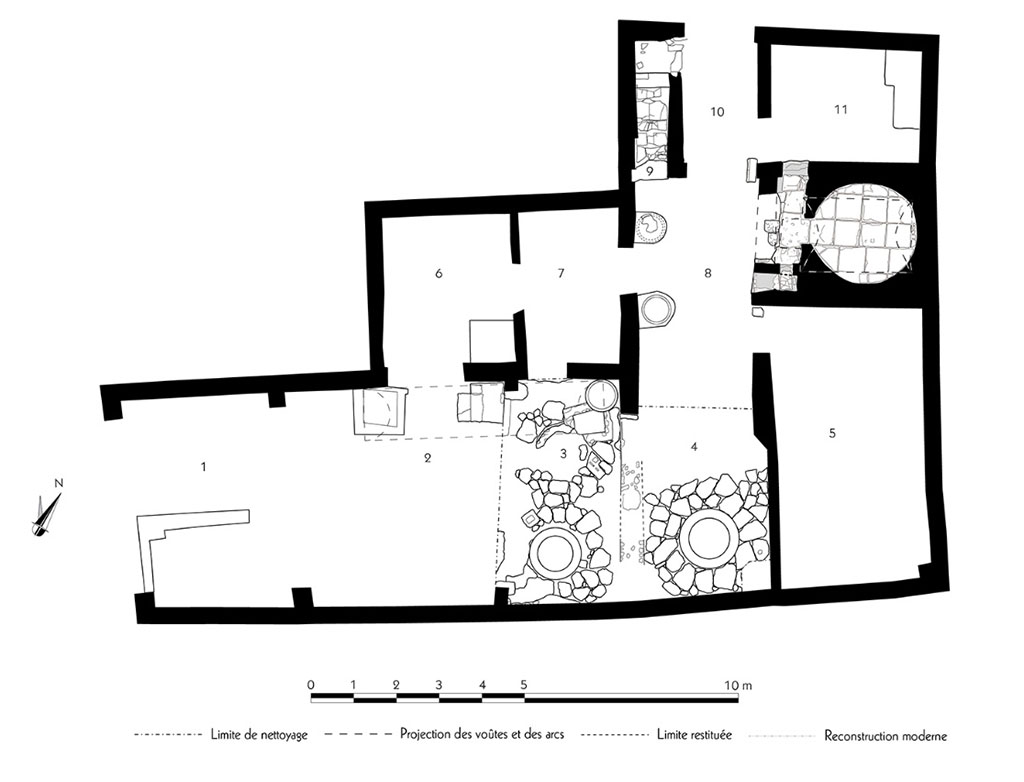 Fig. 59  Pompi, boulangerie IX 1, 3.33  Relev de lensemble de la boulangerie.
chelle : 1/100.
Relev / dessin : F. Fouriaux / S. Aho / A. Dufond / B. Bauvit / S. Mencarelli  EFR.
