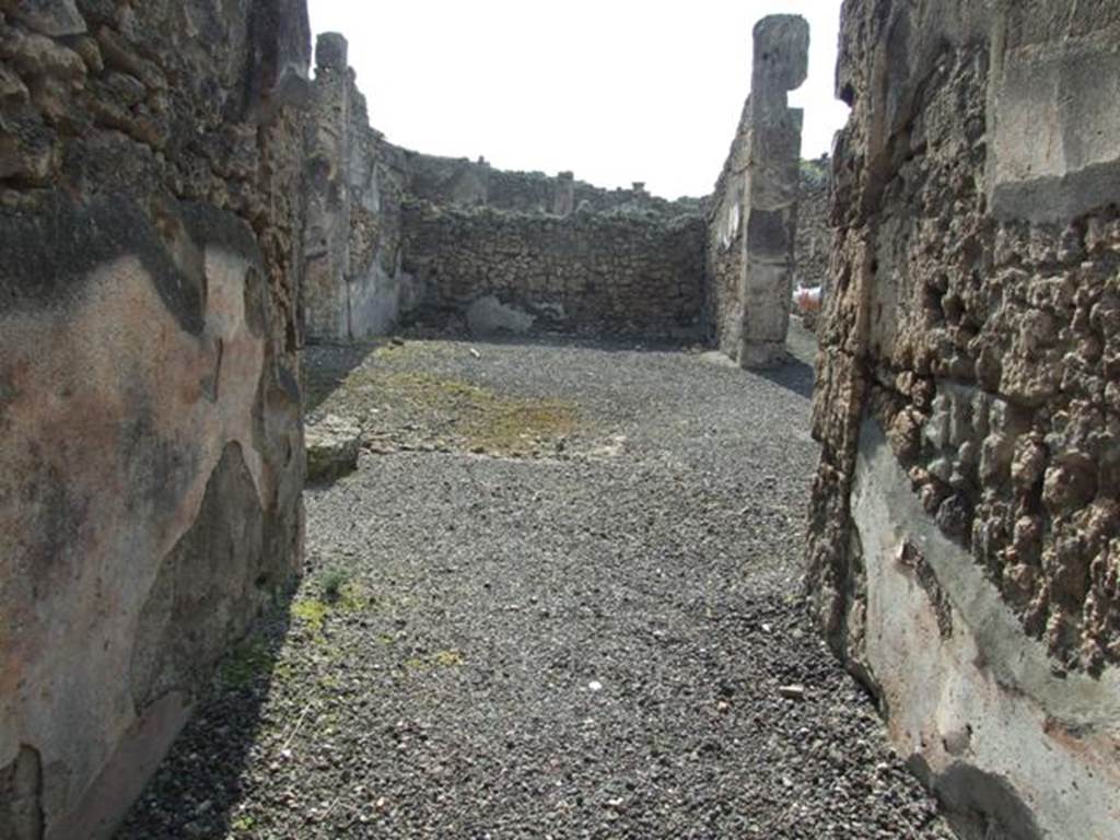 IX.2.17 Pompeii. March 2009.  Looking west along entrance corridor towards room 1, atrium.
The remains of the impluvium can be seen in the centre of the atrium. According to PPP, the central floor of the atrium and impluvium were of cocciopesto. The impluvium was of cocciopesto with decoration outlined in white tesserae (a net of meanders and squares): the edge was probably moulded, but perished. 
See Bragantini, de Vos, Badoni, 1986. Pitture e Pavimenti di Pompei, Parte 3. Rome: ICCD. (p.418)
