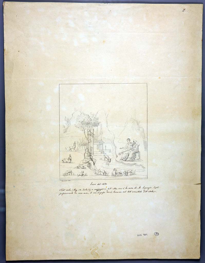 IX.2.18 Pompeii. 1873. Room 10, north wall of cubiculum or triclinium. Drawing by Geremia Discanno, 1870, of painting of Paris, Helen and Venus. 
Venus is persuading Helen to listen to the shepherd Paris. 
Now in Naples Archaeological Museum. Inventory number ADS 989.
Photo  ICCD. http://www.catalogo.beniculturali.it
Utilizzabili alle condizioni della licenza Attribuzione - Non commerciale - Condividi allo stesso modo 2.5 Italia (CC BY-NC-SA 2.5 IT)
See Notizie degli Scavi di Antichit, 1873, Tav. II.
See Reinach S., 1922. Répertoire de peintures grecques et romaines. Paris Leroux, 164, 3.
See Sogliano, A., 1879. Le pitture murali campane scoverte negli anni 1867-79. Napoli: Giannini. (p. 108, no.568).
