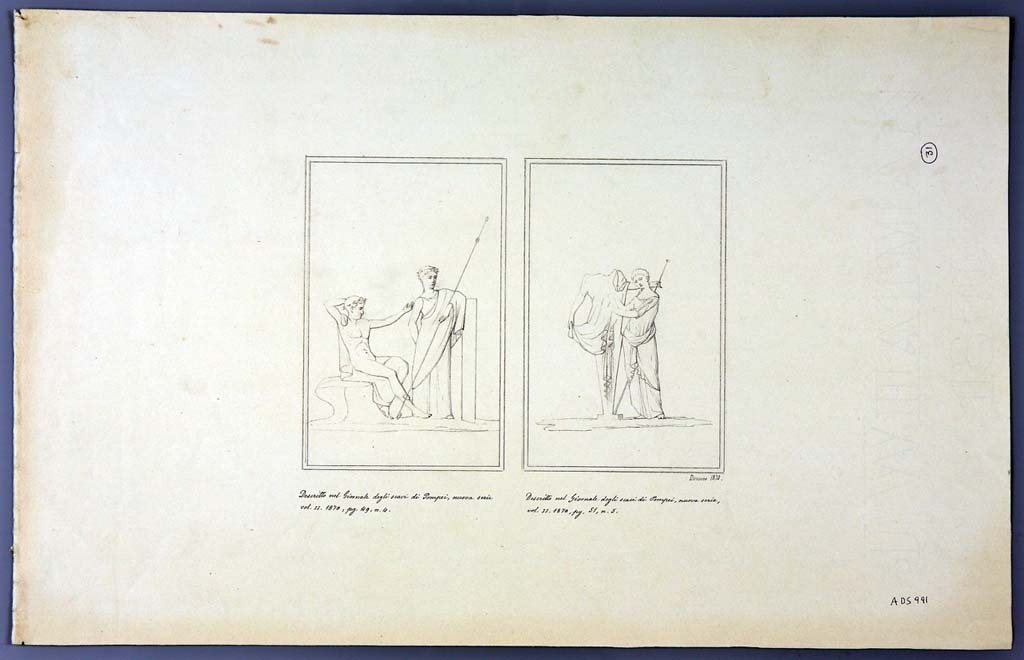 IX.2.21 Pompeii. Room 5, north wall. Copy of painting of Dionysius and Ariadne.
Two drawings by Geremia Discanno, 1870, of paintings seen on the walls of this house.
The drawing on the left may be from the north (or west) wall of room 5 showing a sitting Dionysus and a standing Arianna.
The drawing on the right of a female figure standing near a herm of Dionysus, from cubiculum, room 13. 
Now in Naples Archaeological Museum. Inventory number ADS 990.
Photo  ICCD. https://www.catalogo.beniculturali.it
Utilizzabili alle condizioni della licenza Attribuzione - Non commerciale - Condividi allo stesso modo 2.5 Italia (CC BY-NC-SA 2.5 IT)
See Sogliano, A., 1879. Le pitture murali campane scoverte negli anni 1867-79. Napoli: Giannini. (p.127 no.621).
Kuivalainen describes the painting on the left, as destroyed, and from the west wall.
Kuivalainen comments 
Bacchus to judge by the thyrsus, depicted with Ariadne or a maenad. The youth is the more active figure.
See Kuivalainen, I., 2021. The Portrayal of Pompeian Bacchus. Commentationes Humanarum Litterarum 140. Helsinki: Finnish Society of Sciences and Letters, (p.131, D9).

