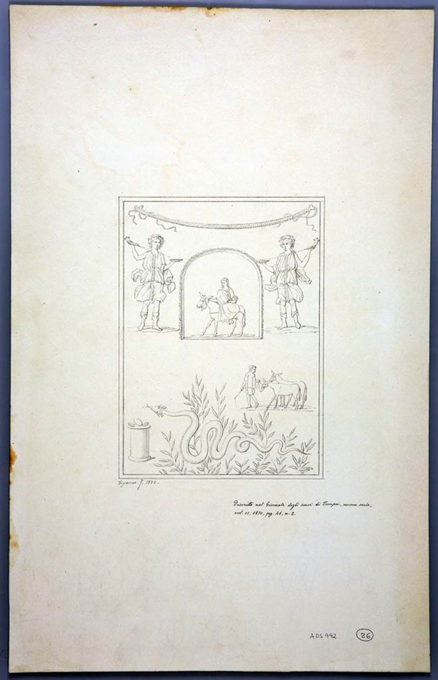 IX.2.24 Pompeii. Drawing by Geremia Discanno, 1870, of painting as seen on west wall with lararium and niche.
Now in Naples Archaeological Museum. Inventory number ADS 992.
Photo  ICCD. http://www.catalogo.beniculturali.it
Utilizzabili alle condizioni della licenza Attribuzione - Non commerciale - Condividi allo stesso modo 2.5 Italia (CC BY-NC-SA 2.5 IT)

