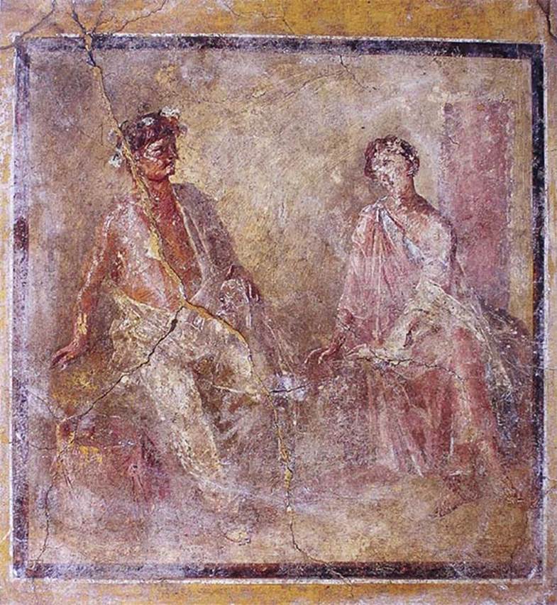 IX.3.5 Pompeii. Room 13, south wall. Painting of sitting Poet with comic mask, and Muse.
Now in Naples Archaeological Museum. Inventory number 9030. 
See Helbig, W., 1868. Wandgemälde der vom Vesuv verschütteten Städte Campaniens. Leipzig: Breitkopf und Härtel, (1458).
