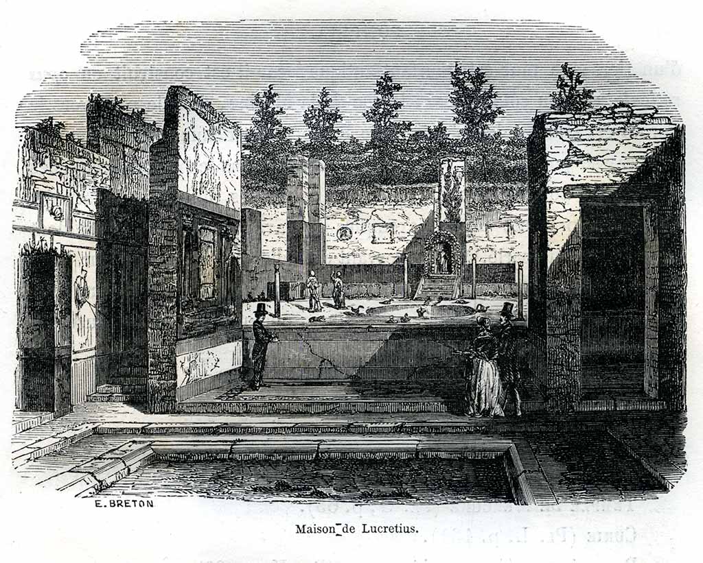 IX.3.5 Pompeii. 1855 engraving by E. Breton. Looking east across atrium, through tablinum to garden area.
Photo courtesy of Ilkka Kuivalainen.
See Breton E., 1855. Pompeia decrite et dessine. Paris: Baudry, p. 199.
