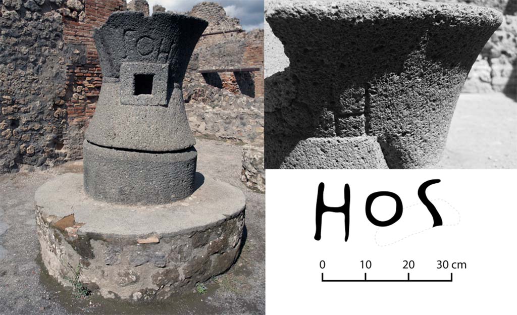 Fig. 19 - Pompi Pistrina. Marque Hos() sur les catilli des boulangeries VII 2, 22 ( gauche) ;) et VI 14, 28-32 ( droite), en remploi ; CIL X, 8057, 7 b.
 gauche, CIL X, 8057, 7 a;  droite, en remploi, CIL X, 8057, 7 b.
Clich : Fr. Pauvarel / fR et clich  dessin : N. Monteix / fR
