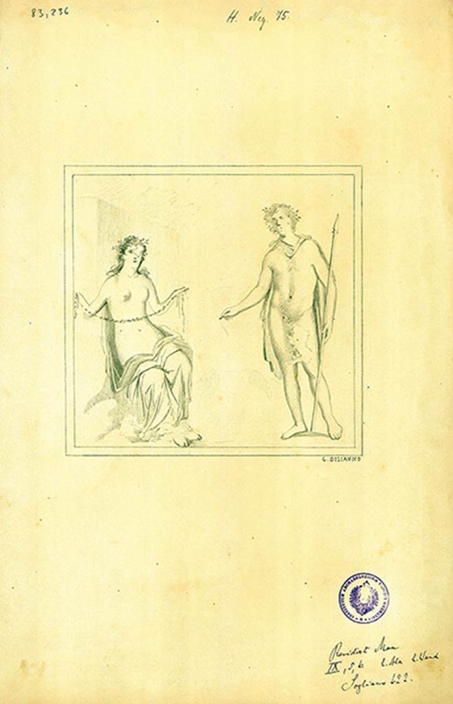 IX.5.6 Pompeii. Room 5, ala, on the south wall was a wall painting of a young girl wearing a yellow and blue robe.
She is sitting on a rock and holding a garland in her hands.
Looking towards her was a young man with a lance, wearing a red cloak.
DAIR 83.236. Photo  Deutsches Archologisches Institut, Abteilung Rom, Arkiv. 
See http://arachne.uni-koeln.de/item/marbilder/5343136
