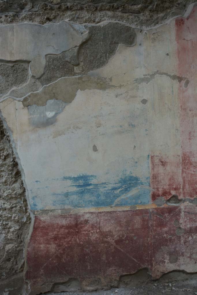 IX.5.11 Pompeii. March 2017. 
Room l (L), detail of blue central panel on west wall and zoccolo below.
Foto Christian Beck, ERC Grant 681269 DÉCOR.
