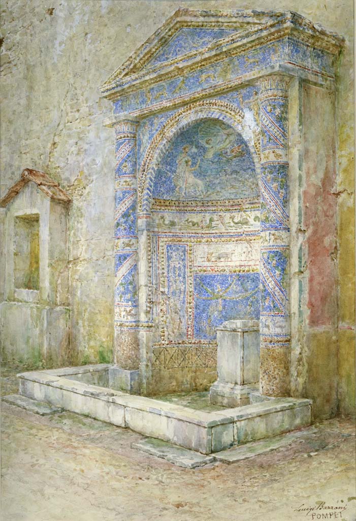 IX.7.16 Pompeii. Room 8. Undated watercolour by Luigi Bazzani.
Looking south-west towards fountain, and an aedicula niche on its south side.
Now in Naples Archaeological Museum, inv. no. 139427.
(described as “Fountain of the House of C. Virnius Modestus (IX 7, 16) in Pompeii”.

