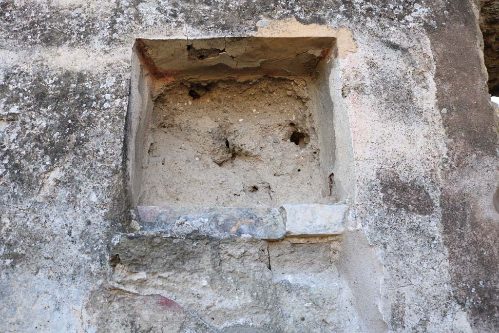 IX.7.21 Pompeii. December 2018. Square lararium niche set into west wall of atrium. Photo courtesy of Aude Durand