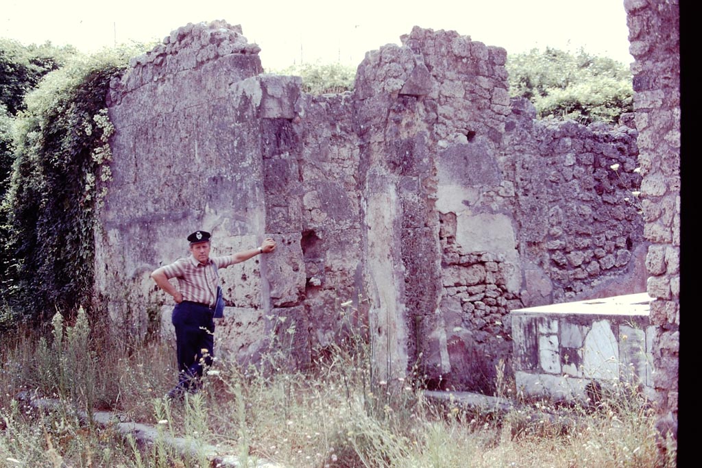 IX.7.25 Pompeii, centre, 1977. 
Looking east along south side of roadway towards entrances with IX.7.24, on right. Photo by Stanley A. Jashemski.   
Source: The Wilhelmina and Stanley A. Jashemski archive in the University of Maryland Library, Special Collections (See collection page) and made available under the Creative Commons Attribution-Non Commercial License v.4. See Licence and use details.
J77f0462
