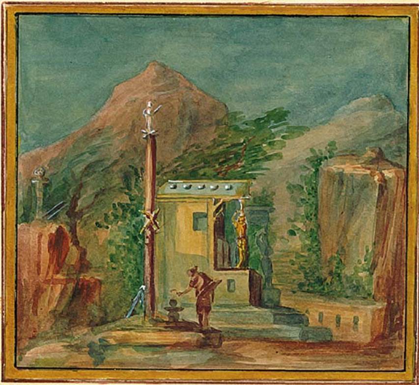 IX.8.2 Pompeii. Copy of painting of sacred landscape, found in the central part of the east wall.
DAIR 83.371. Photo  Deutsches Archologisches Institut, Abteilung Rom, Arkiv.
See http://arachne.uni-koeln.de/item/marbilderbestand/236150
