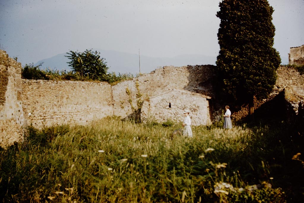 IX.9.6 Pompeii. 1961. Looking south across garden to the domestic sacrarium.  Photo by Stanley A. Jashemski.
Source: The Wilhelmina and Stanley A. Jashemski archive in the University of Maryland Library, Special Collections (See collection page) and made available under the Creative Commons Attribution-Non Commercial License v.4. See Licence and use details.
J61f0656
