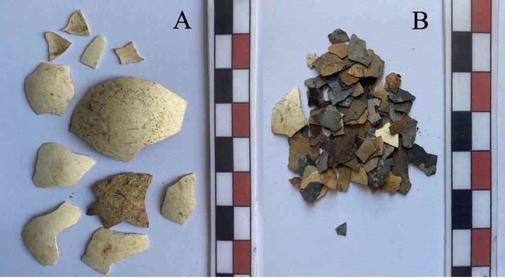 IX.10.1 Pompeii. September 2023. Lararium and altar recently found in room 12.
Eggshell fragments from the surface level (A) and the deepest layer (B). There is a greater degree of fragmentation and widespread traces of combustion for the remains coming from the deeper level. 
Frammenti di guscio d’uovo dal livello superficiale (A) e da quello più profondo (B). Si nota un maggiore grado di frammentazione e diffuse tracce di combustione per i resti provenienti dal livello più profondo.
See PAP e-journal 6, 28.09.2023, p. 68, fig. 20. Download: PAP e-journals 2023 collection volumes 01-09 
Photograph © Parco Archeologico di Pompei.
