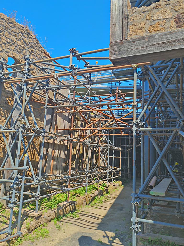 IX.11.8 Pompeii. June 2024. 
Looking north along unnamed vicolo and exterior east wall of shop, from junction with Via dell’Abbondanza.
Photo courtesy of Giuseppe Ciaramella.
